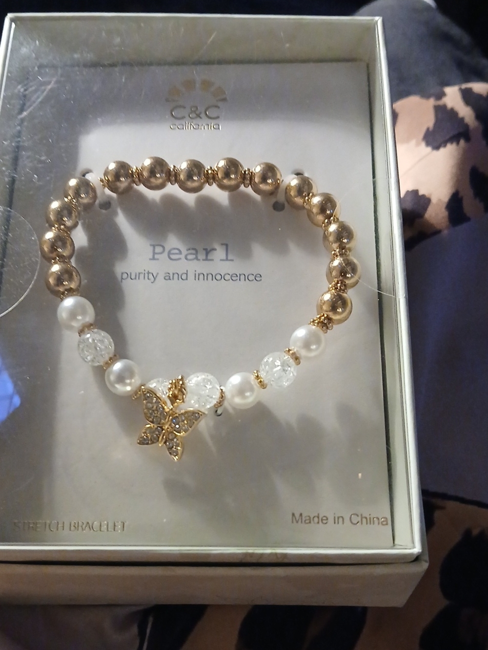 C&C California Gold and White Pearl Bracelet with Crystal Butterfly Charm